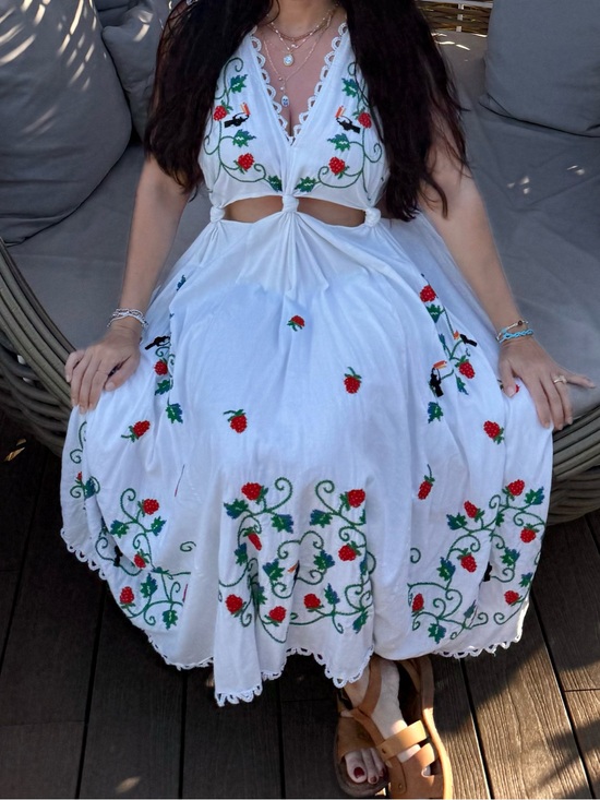 FARM Rio Dresses & Skirts - FARM Rio White Midi Dress with Red & Green Floral Embroidery